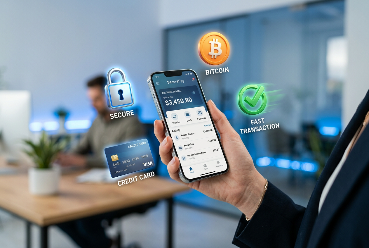 Smartfon pokazujący bezpieczną aplikację bankową i symbole płatności cyfrowych.