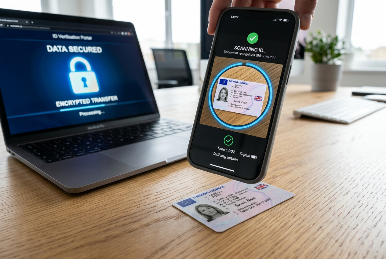 A secure workspace showing a smartphone scanning a document for identity verification.