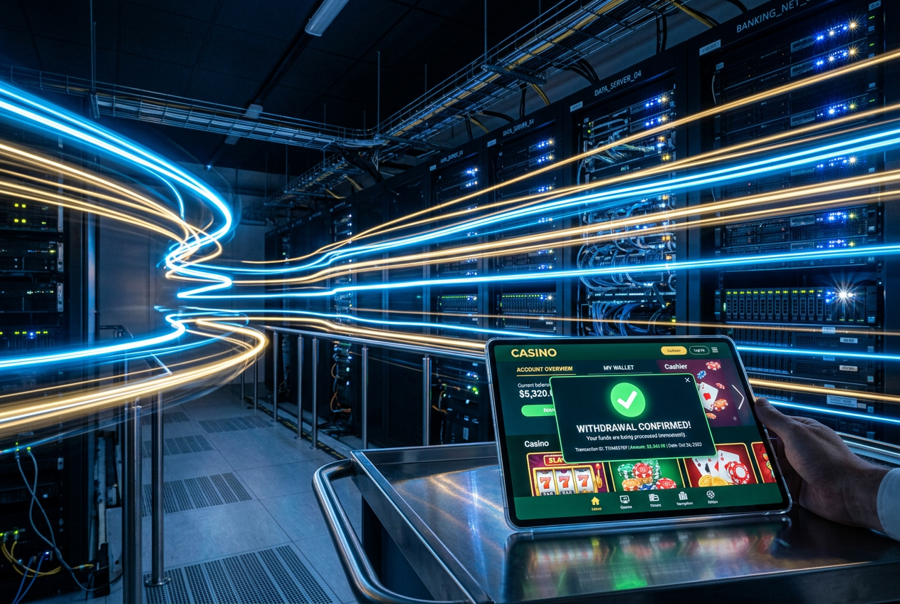 Futuristic server room with neon light trails symbolizing fast data transfer and casino payments.